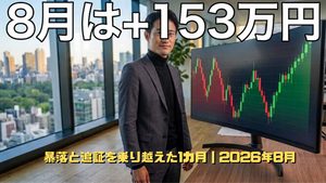 乱高下しながらも上昇した月間チャートの前に立つ、疲れつつも満足げな男性投資家のイラスト