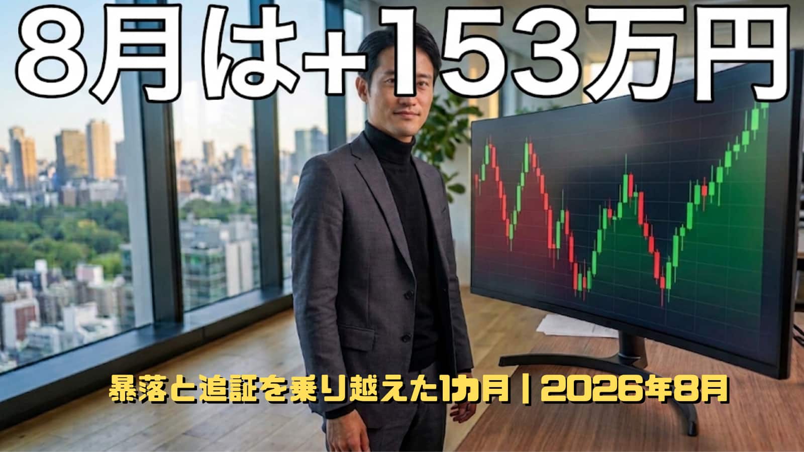 乱高下しながらも上昇した月間チャートの前に立つ、疲れつつも満足げな男性投資家のイラスト