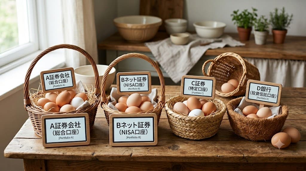 卵を複数のカゴに入れることでリスクを減らしているイメージ