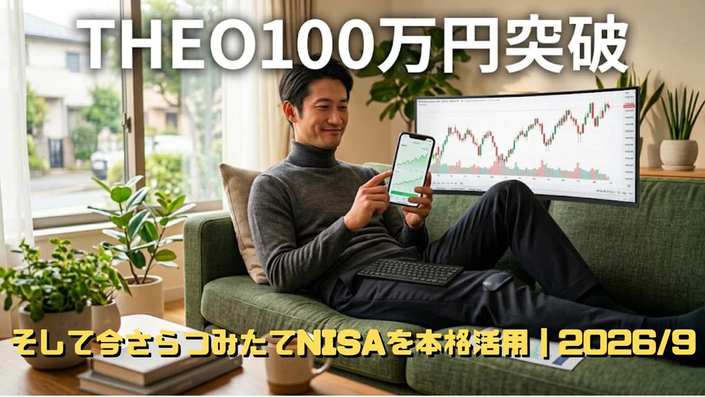 自宅でスマホを見ながら積み立て投資の残高を確認する、落ち着いた表情の男性のイラスト