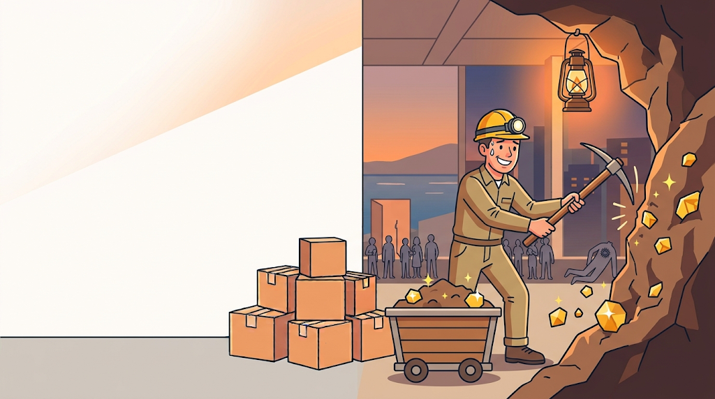 つるはしをもって金塊を掘っている男性のイラスト