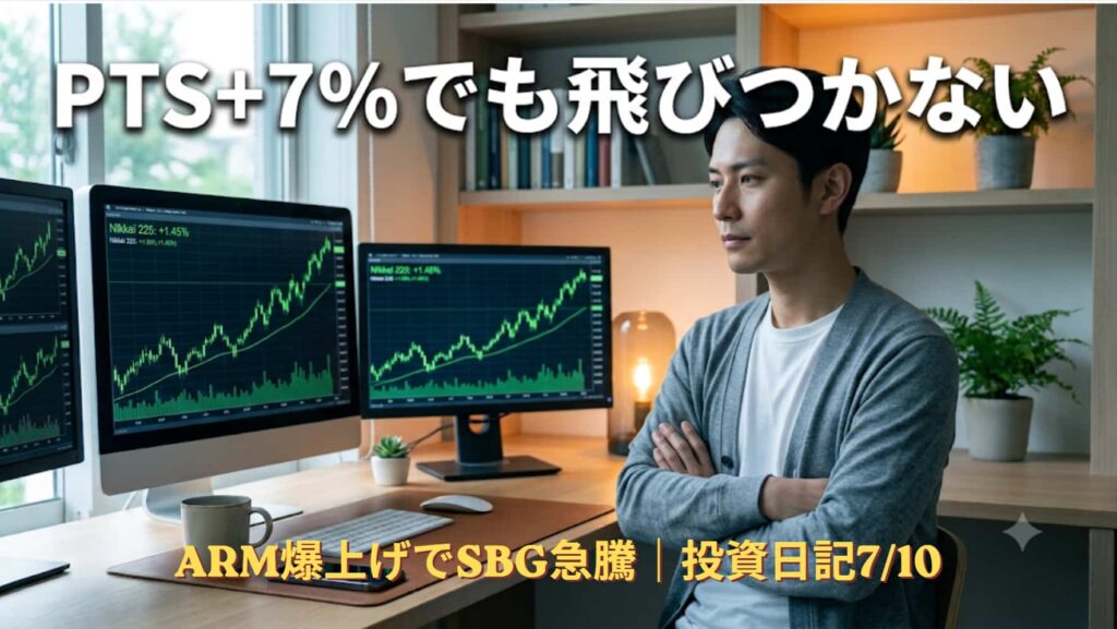 早朝に複数のモニターで上昇する株式チャートを冷静に見つめる30代男性。ソフトバンクグループのPTS急騰を俯瞰する投資家のイメージ