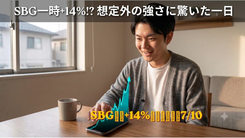 自宅でスマートフォンの株価チャートを見て驚く30代男性のイラスト。 ソフトバンクグループ急伸による日経平均株価上昇を表すイメージ。