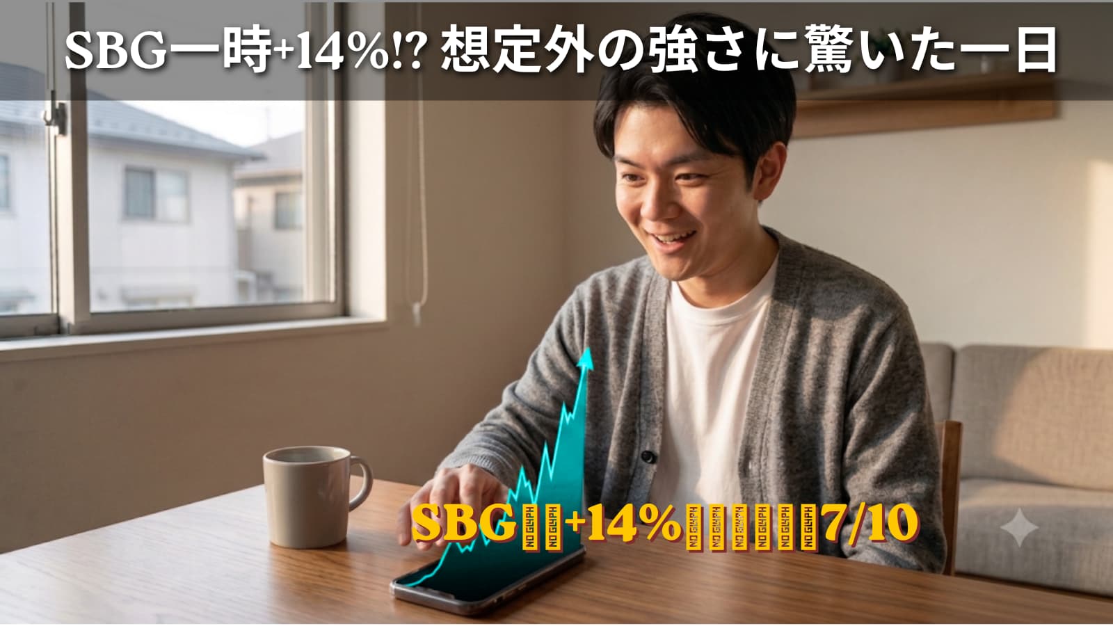 自宅でスマートフォンの株価チャートを見て驚く30代男性のイラスト。 ソフトバンクグループ急伸による日経平均株価上昇を表すイメージ。