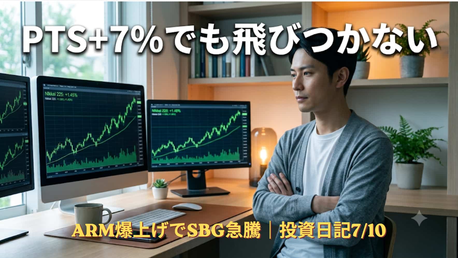 早朝に複数のモニターで上昇する株式チャートを冷静に見つめる30代男性。ソフトバンクグループのPTS急騰を俯瞰する投資家のイメージ