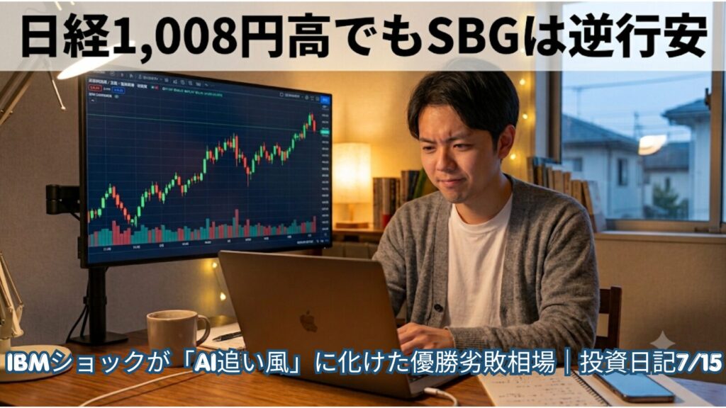 日経平均1008円高の中でソフトバンクグループが逆行安となった2026年7月15日の相場を振り返る投資日記のアイキャッチ画像。上昇する日経平均チャートと下落するSBGを見つめる個人投資家。