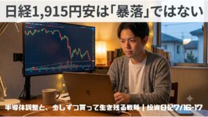 日経平均1,915円安の急落局面でも冷静さを保つ個人投資家。半導体一極集中の調整を示す下落チャートを見つめる、2026年7月16-17日の投資日記のアイキャッチ画像。