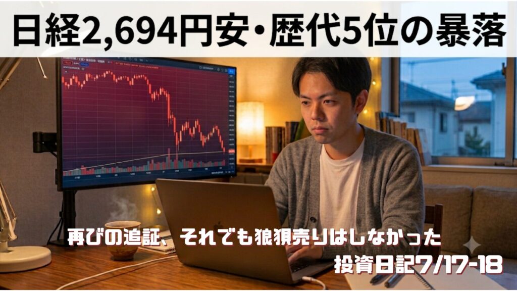 日経平均2,694円安・歴代5位の暴落と再びの追証に直面しながらも、狼狽売りせず冷静さを保つ個人投資家。2026年7月17-18日の投資日記のアイキャッチ画像。