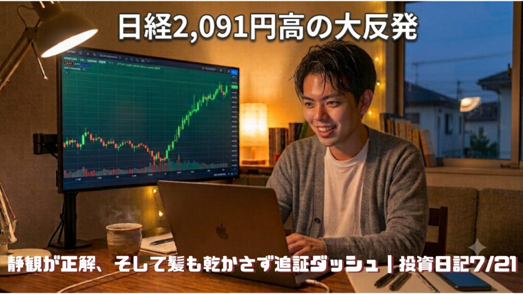 日経平均2,091円高の大反発に安堵する個人投資家。追証のため髪も乾かさず走ったが実は少額だったという顛末を綴る、2026年7月21日の投資日記のアイキャッチ画像。