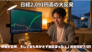 日経平均2,091円高の大反発に安堵する個人投資家。追証のため髪も乾かさず走ったが実は少額だったという顛末を綴る、2026年7月21日の投資日記のアイキャッチ画像。