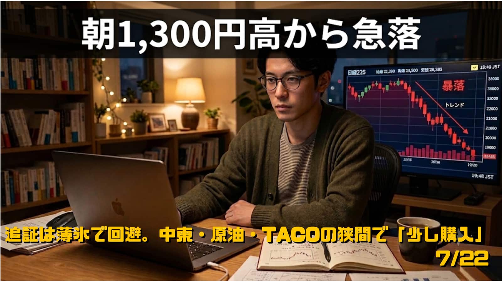 複数の株取引モニターの前で急落するチャートを見て緊張する30代男性（投資日記2026/07/22）