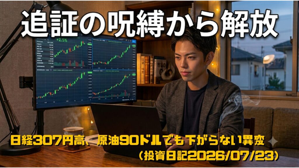 上昇するチャートを前に安堵の表情を浮かべる30代男性と机上の線香（投資日記2026/07/23）