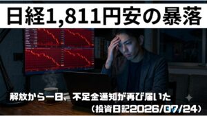 急落するチャートの前で頭を抱える30代男性と通知が届いたスマートフォン（投資日記2026/07/24）