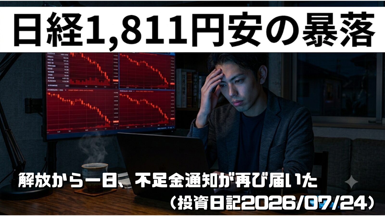 急落するチャートの前で頭を抱える30代男性と通知が届いたスマートフォン（投資日記2026/07/24）