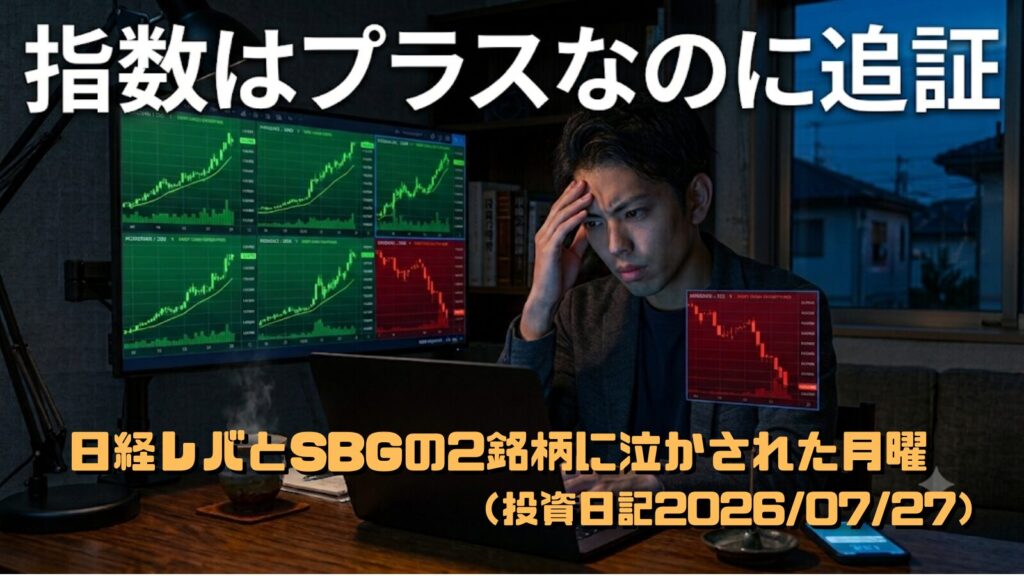 上昇する指数の中で自分の2銘柄だけ下落し複雑な表情を浮かべる30代男性（投資日記2026/07/27）
