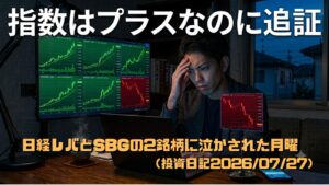 上昇する指数の中で自分の2銘柄だけ下落し複雑な表情を浮かべる30代男性（投資日記2026/07/27）