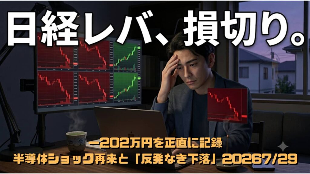 赤い下落チャートを見つめる30代男性投資家と、机に置かれた湯呑みとビールジョッキのイラスト(投資日記2026/07/29)