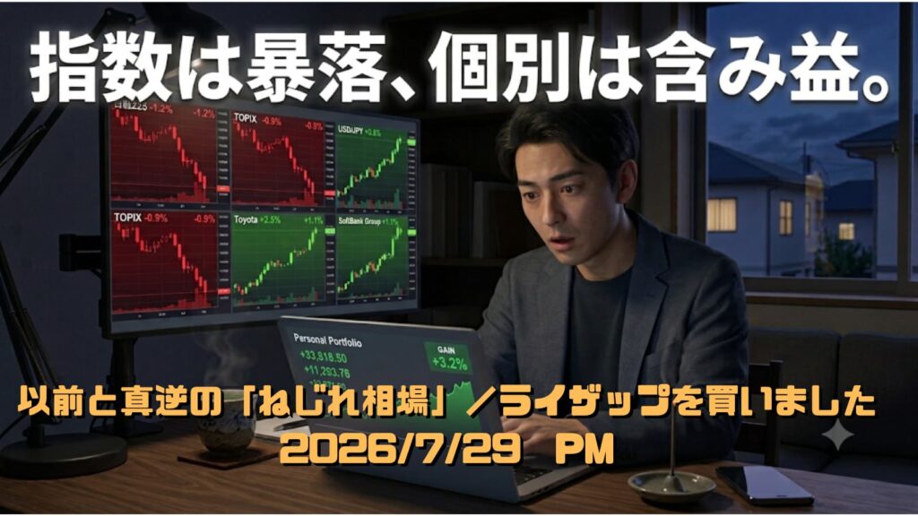 赤い下落チャートと緑の上昇チャートが混在するモニターを見つめる30代男性投資家のイラスト(投資日記2026/07/29)