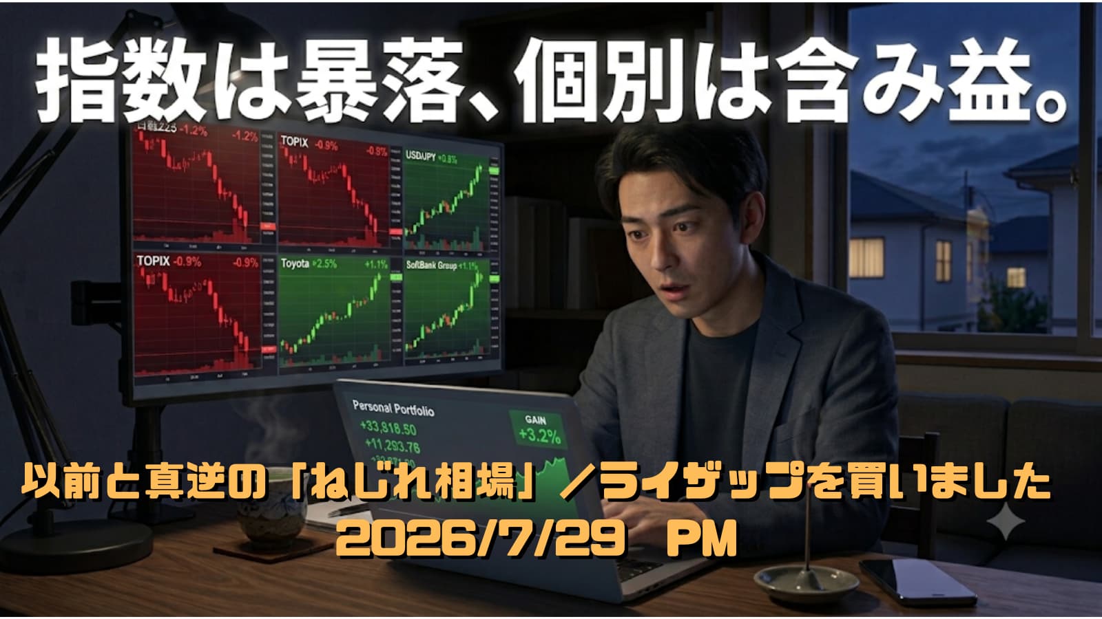 赤い下落チャートと緑の上昇チャートが混在するモニターを見つめる30代男性投資家のイラスト（投資日記2026/07/29）