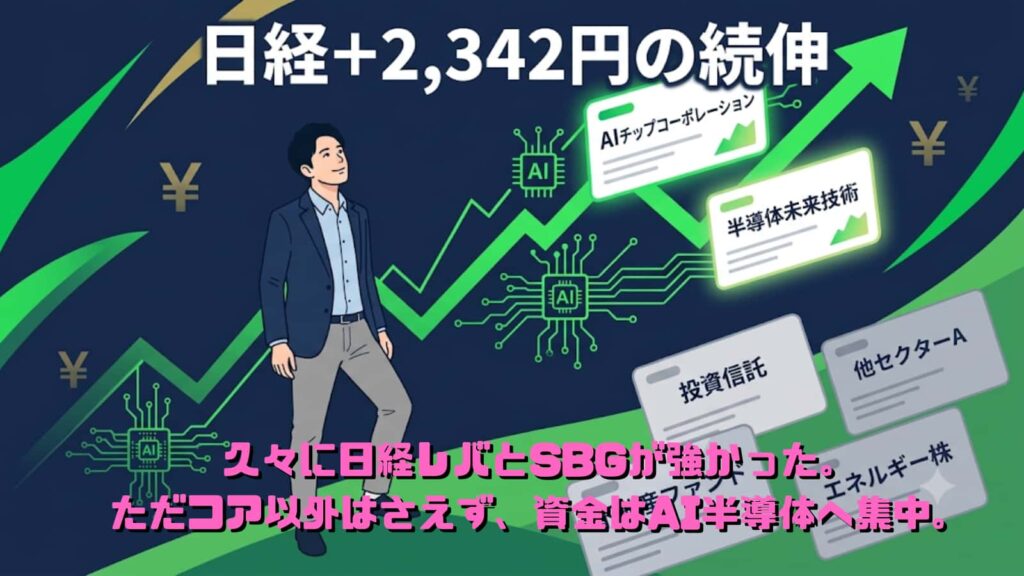 日経平均2342円高の続伸で日経レバとソフトバンクGが上昇し含み損が軽くなった投資家のイメージ