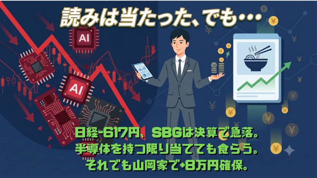 日経617円安でSBGなど半導体株が下落する中、山岡家を利確して資金を確保した投資家のイメージ