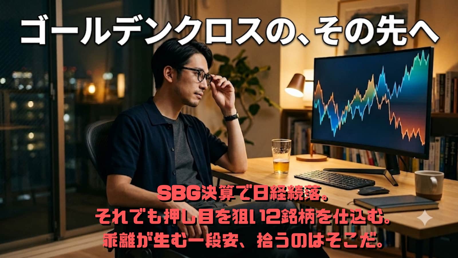 自宅の書斎で株価チャートを眺める若い男性投資家