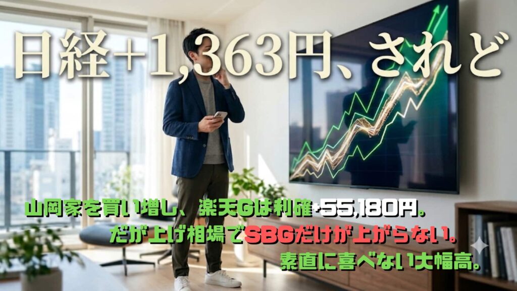 大幅上昇する株価チャートを複雑な表情で見つめる若い男性投資家