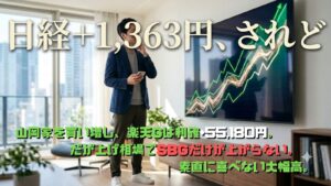 大幅上昇する株価チャートを複雑な表情で見つめる若い男性投資家