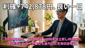 上昇した株価チャートを見て満足げに利益確定する若い男性投資家