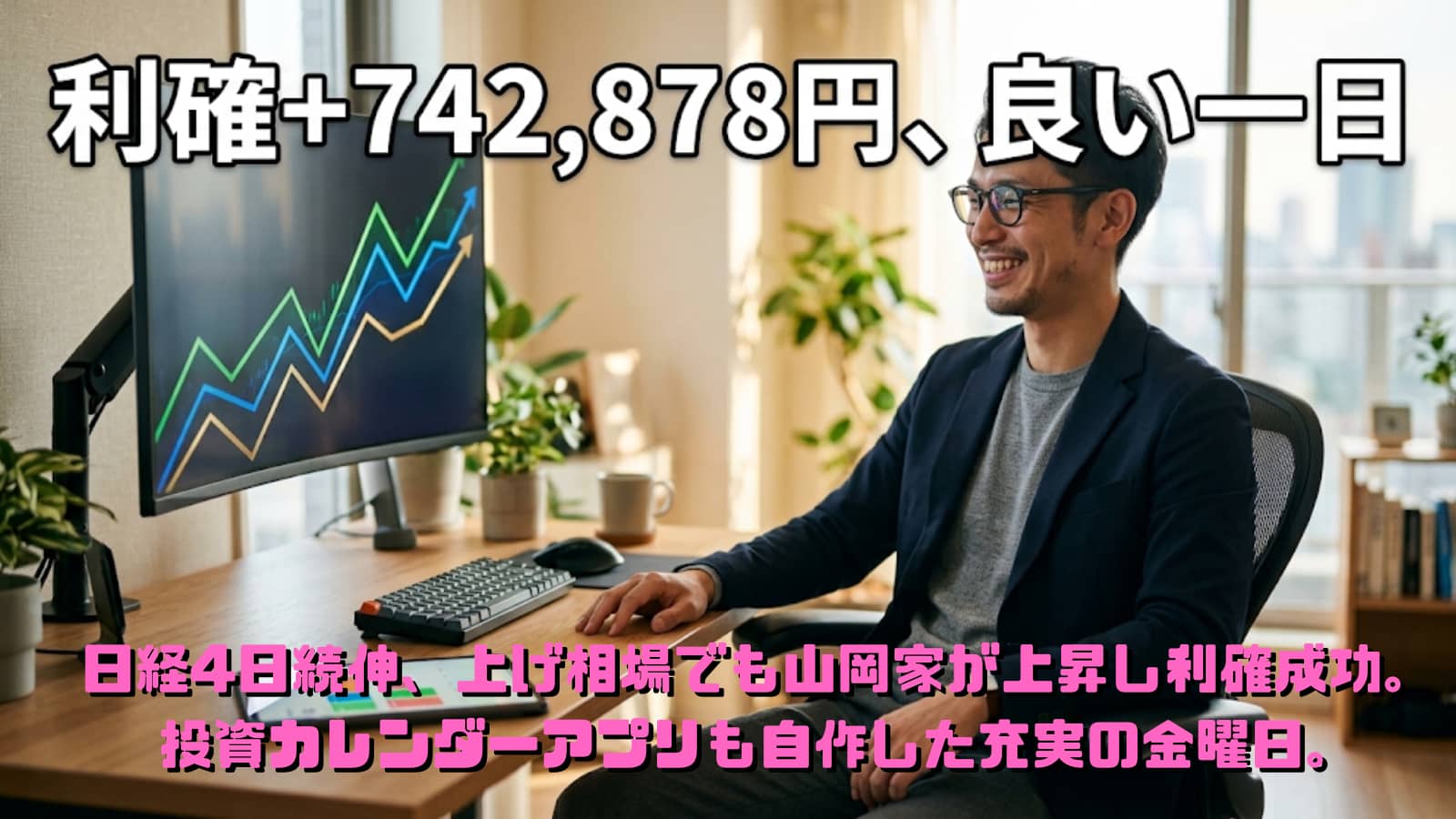 上昇した株価チャートを見て満足げに利益確定する若い男性投資家