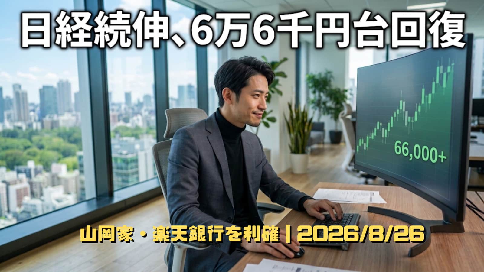 上昇するチャートで個別銘柄を分析する集中した表情の男性投資家のイラスト