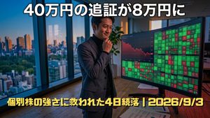 日経平均は下げでも個別株の多くが上昇する画面を見て安堵する男性投資家のイラスト
