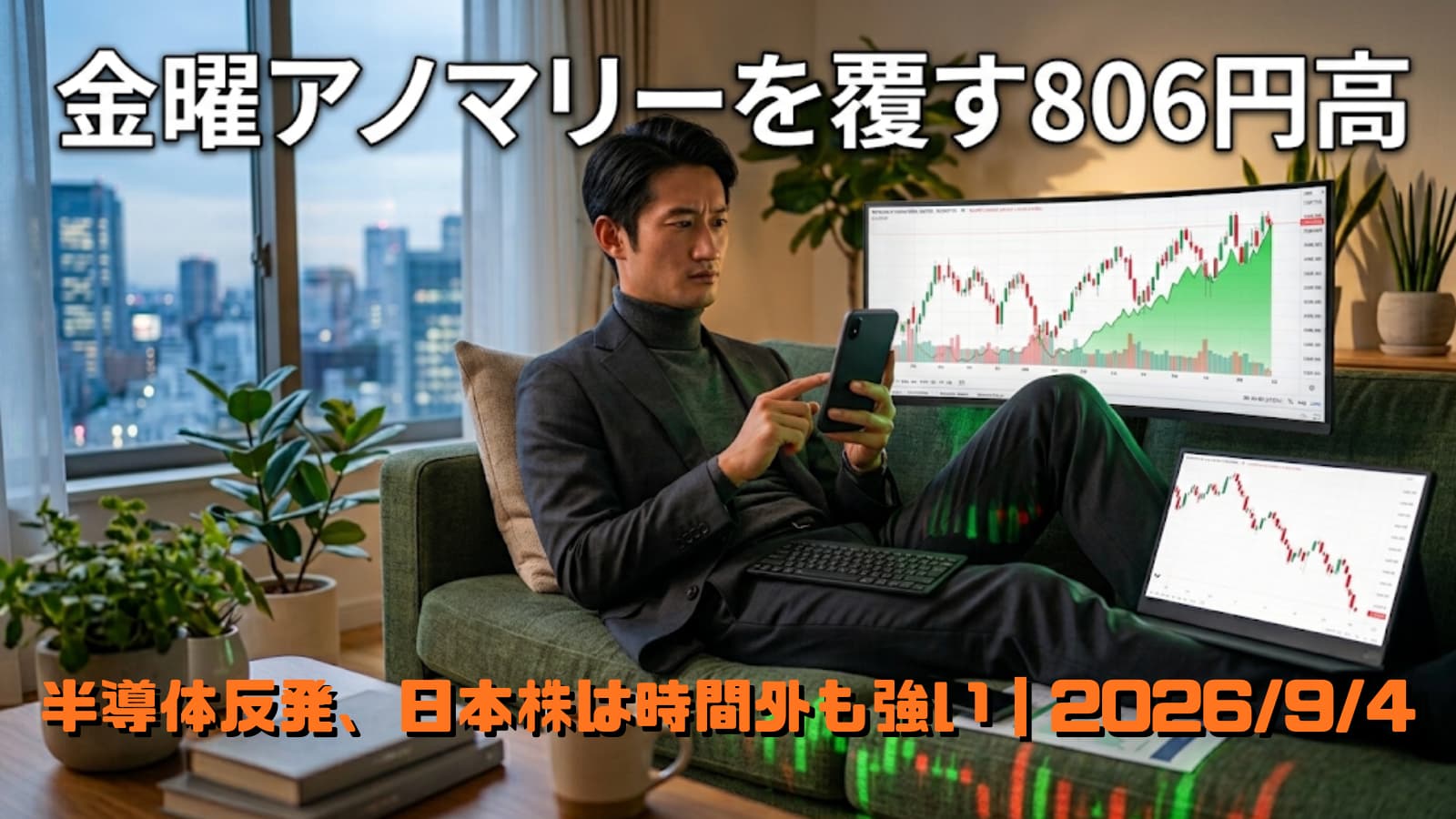 日本株の上昇と米国株の下落という対照的なチャートを見比べる男性投資家のイラスト