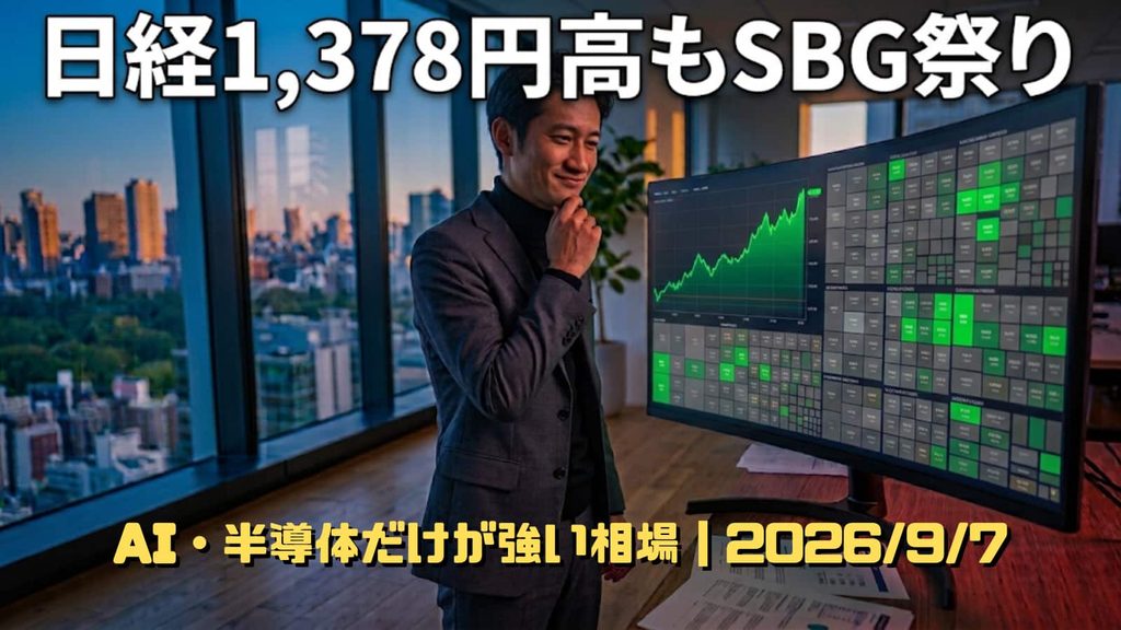 日経平均は急騰しているのに持ち株が上がらず複雑な表情を浮かべる男性投資家のイラスト