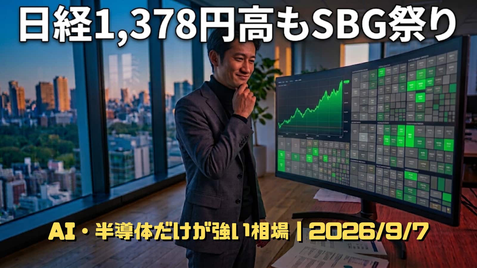 日経平均は急騰しているのに持ち株が上がらず複雑な表情を浮かべる男性投資家のイラスト