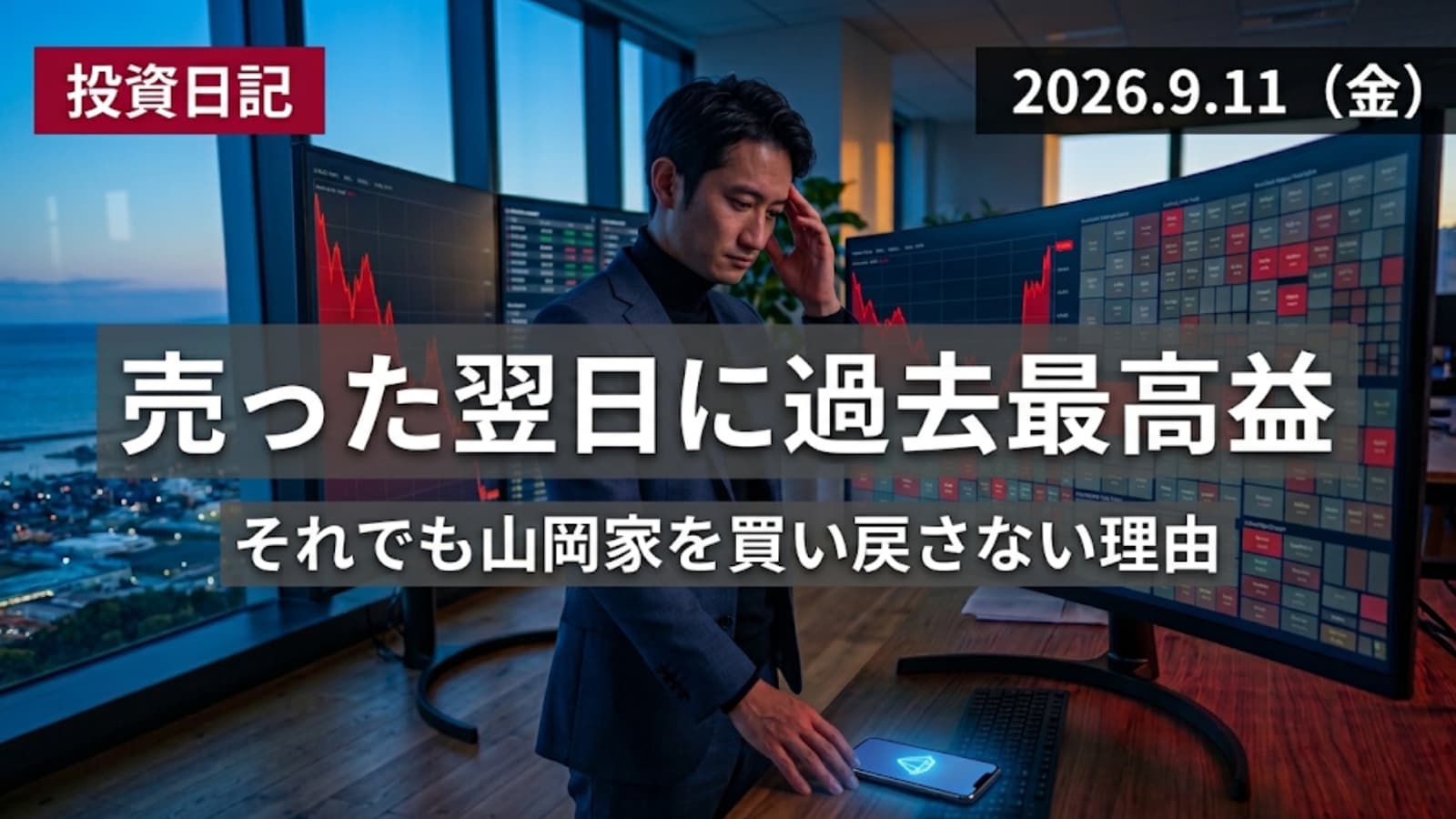 大幅安の株価チャートを前に頭を抱えつつ、手元のスマホに届いた良い知らせに気づく個人投資家のイメージ