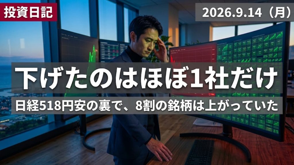一つの銘柄だけが大きく下落し、周囲の銘柄は上昇しているモニターを見つめる個人投資家のイメージ