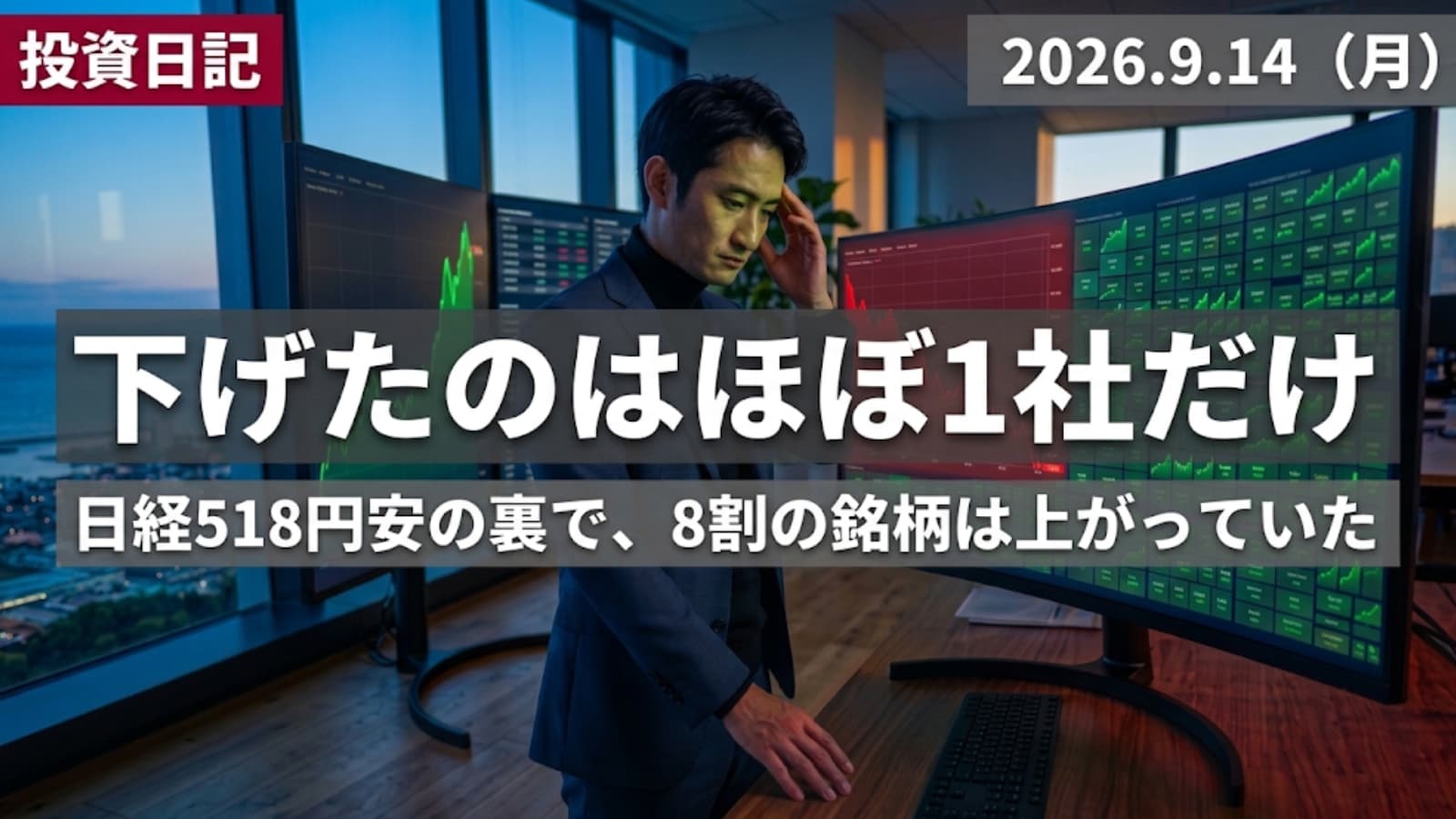 一つの銘柄だけが大きく下落し、周囲の銘柄は上昇しているモニターを見つめる個人投資家のイメージ