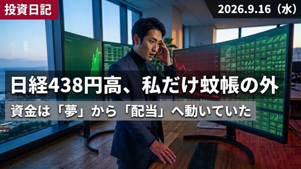 周囲の画面が上昇する中、自分の持ち株の画面だけが下落しているモニターを見つめる個人投資家のイメージ