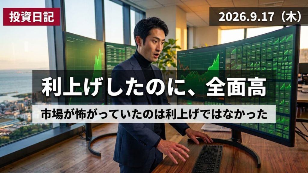 予想に反してすべての画面が上昇している相場を、驚きと安堵の表情で見つめる個人投資家のイメージ