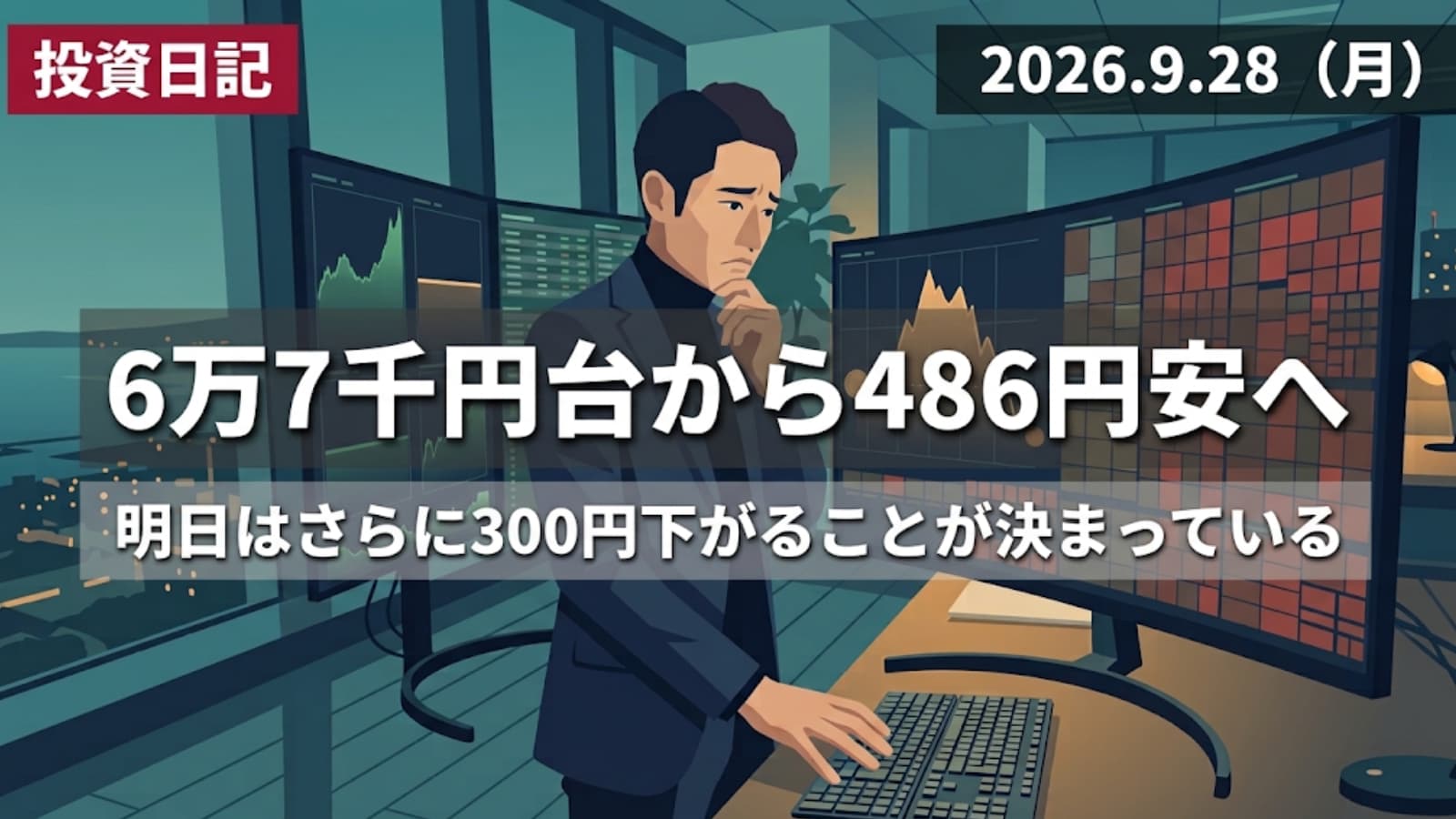 朝に大きく上昇した後、終値ではマイナスに転じたチャートを見つめる個人投資家のイラスト