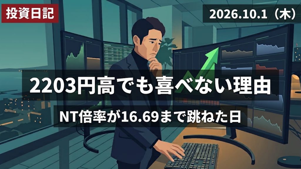 一つの画面だけが急上昇し、周囲の画面は横ばいという相場を冷静に見つめる個人投資家のイラスト