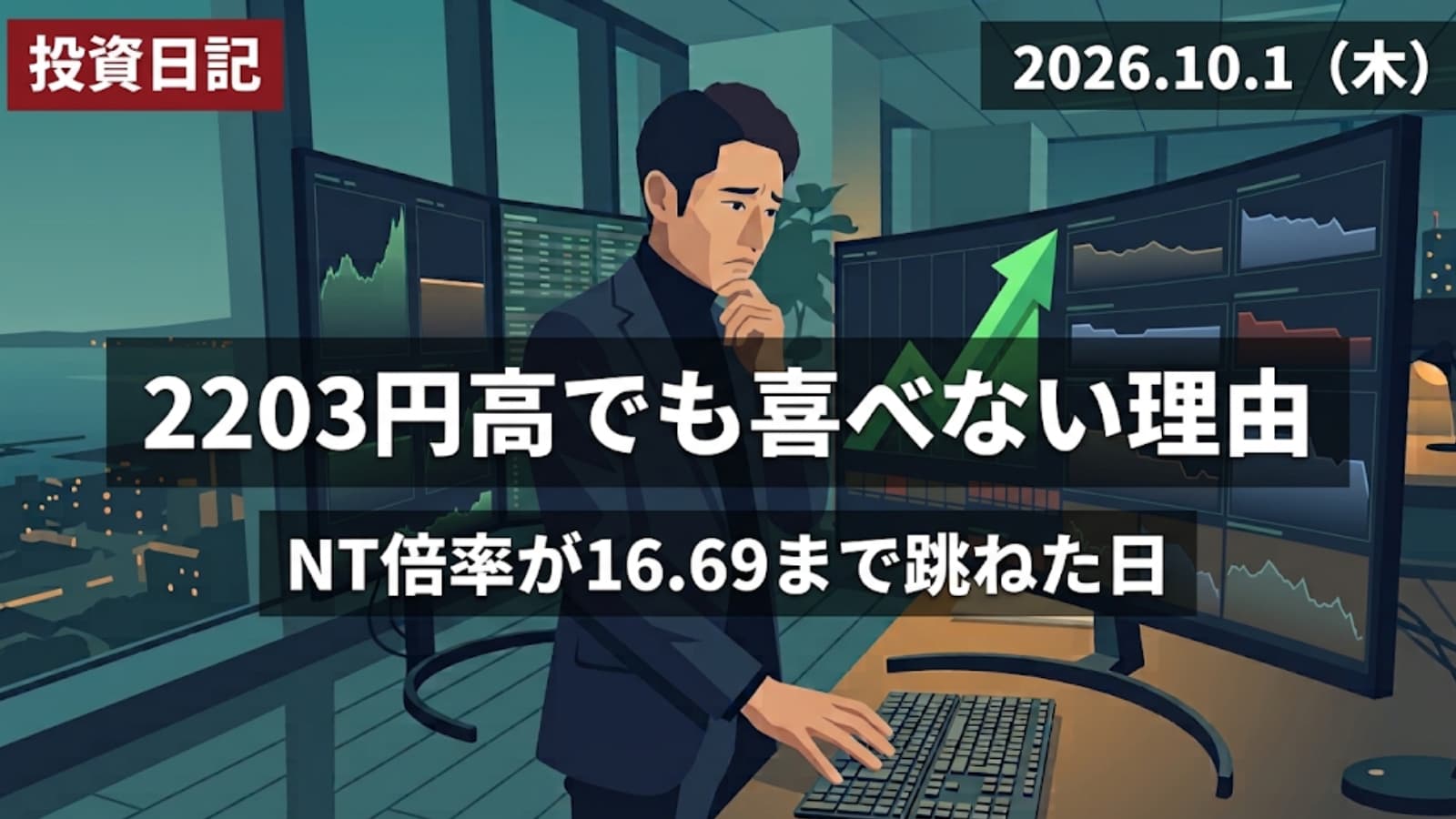 一つの画面だけが急上昇し、周囲の画面は横ばいという相場を冷静に見つめる個人投資家のイラスト