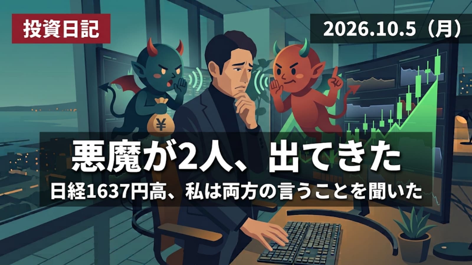 上昇するチャートを前に、売るか持ち続けるかを両耳でささやかれて迷う個人投資家のイラスト