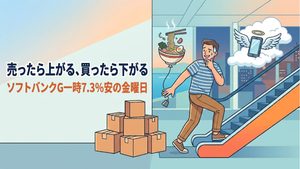 手の届かない高さへ浮かぶラーメン丼、下りエスカレーター、天使の羽で昇っていくスマートフォンに囲まれて苦笑いする人物のイラスト。売ったら上がり買ったら下がる投資の三重苦を表現