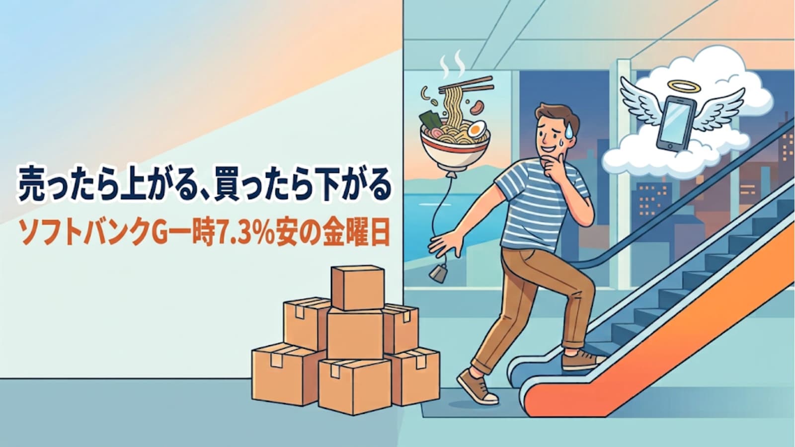 手の届かない高さへ浮かぶラーメン丼、下りエスカレーター、天使の羽で昇っていくスマートフォンに囲まれて苦笑いする人物のイラスト。売ったら上がり買ったら下がる投資の三重苦を表現