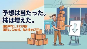 下がるという予想が当たって得意げに矢印を指しながら、落ちてくる箱を抱えきれずに慌てる人物のイラスト。日経レバの買い下がりで保有株数が増えた様子を表現