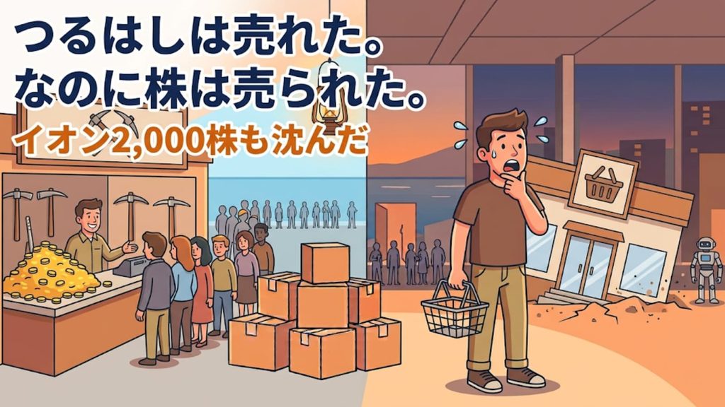 繁盛するつるはし屋と、沈んでいくスーパーの前で買い物かごを持って驚く人物のイラスト。ASMLの好決算でも半導体株が売られ、保有するイオン株が下落した一日を表現
