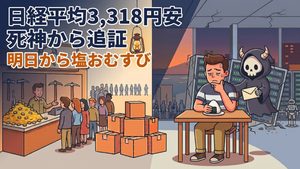 塩おむすびを両手で持つ人物の背後から、死神が封筒を差し出しているイラスト。背景ではサーバーの並ぶ倉庫が傾いている。コアウィーブ・ショックと追証を受けた一日を表現