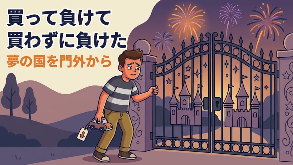 夕暮れの遊園地の門の外から、中で上がる花火を見つめる人物のイラスト。手には値下がりした小さな車のおもちゃ。見送った株が上がり、買った株で負けた一日を表現